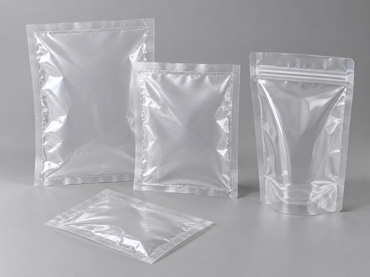 Assorted empty clear flat and stand-up pouch formats, concept visualization