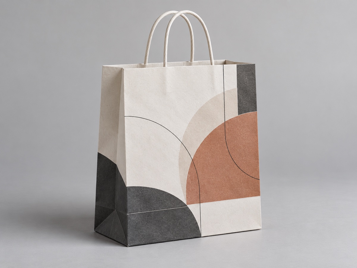 Unbranded printed paper shopping bag with abstract ink design, concept visualization